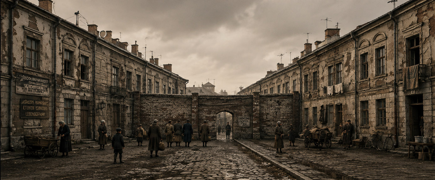 Horochów ghetto street environment concept with weathered buildings, a walled entrance, and people along a cobbled street