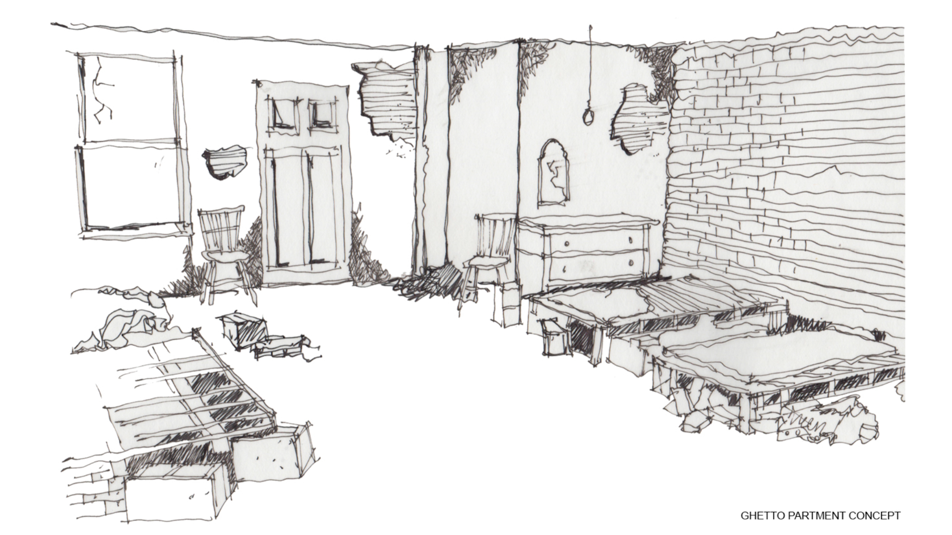 Ghetto room production design concept sketch