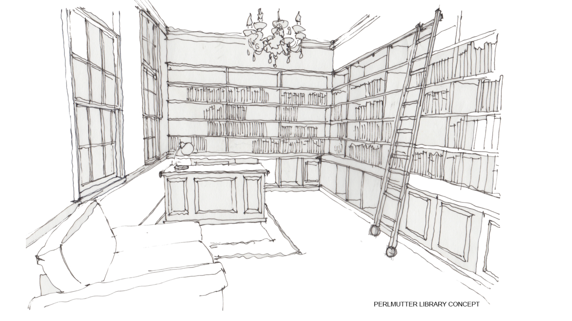 Production design concept sketch of the Perlmutter family home and library