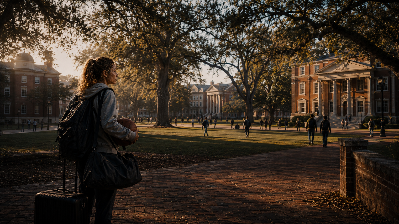 Rachel arriving on a college campus with her luggage