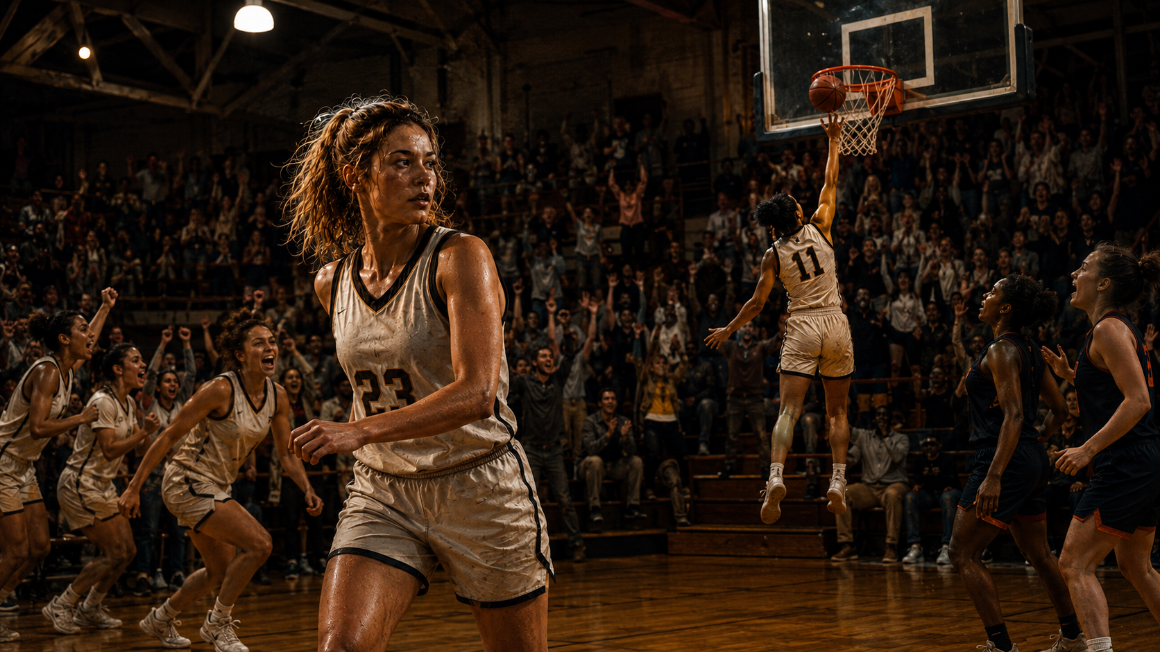 Rachel releasing a decisive shot during a basketball game