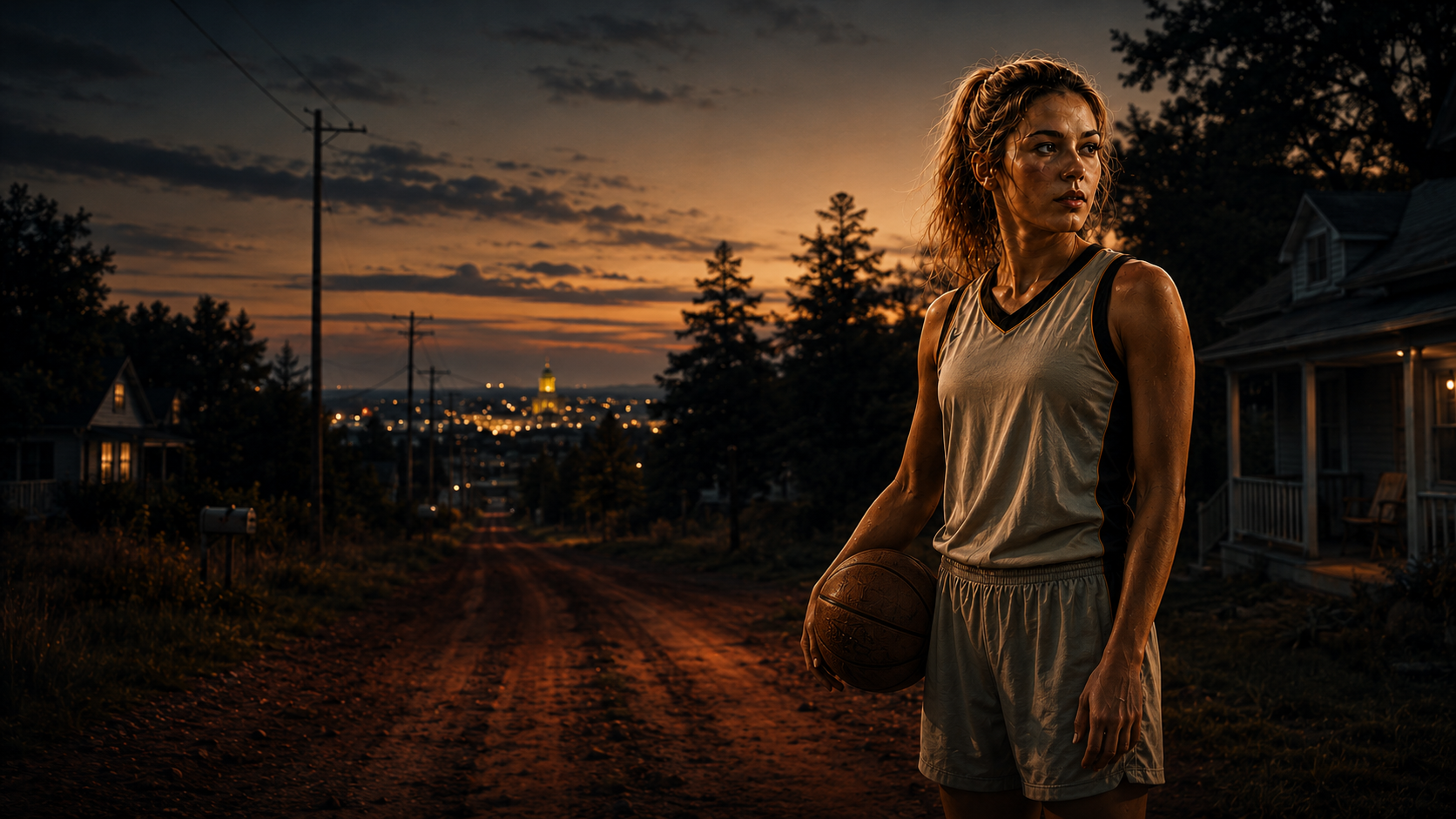 A young basketball player practicing on a rural red-clay court
