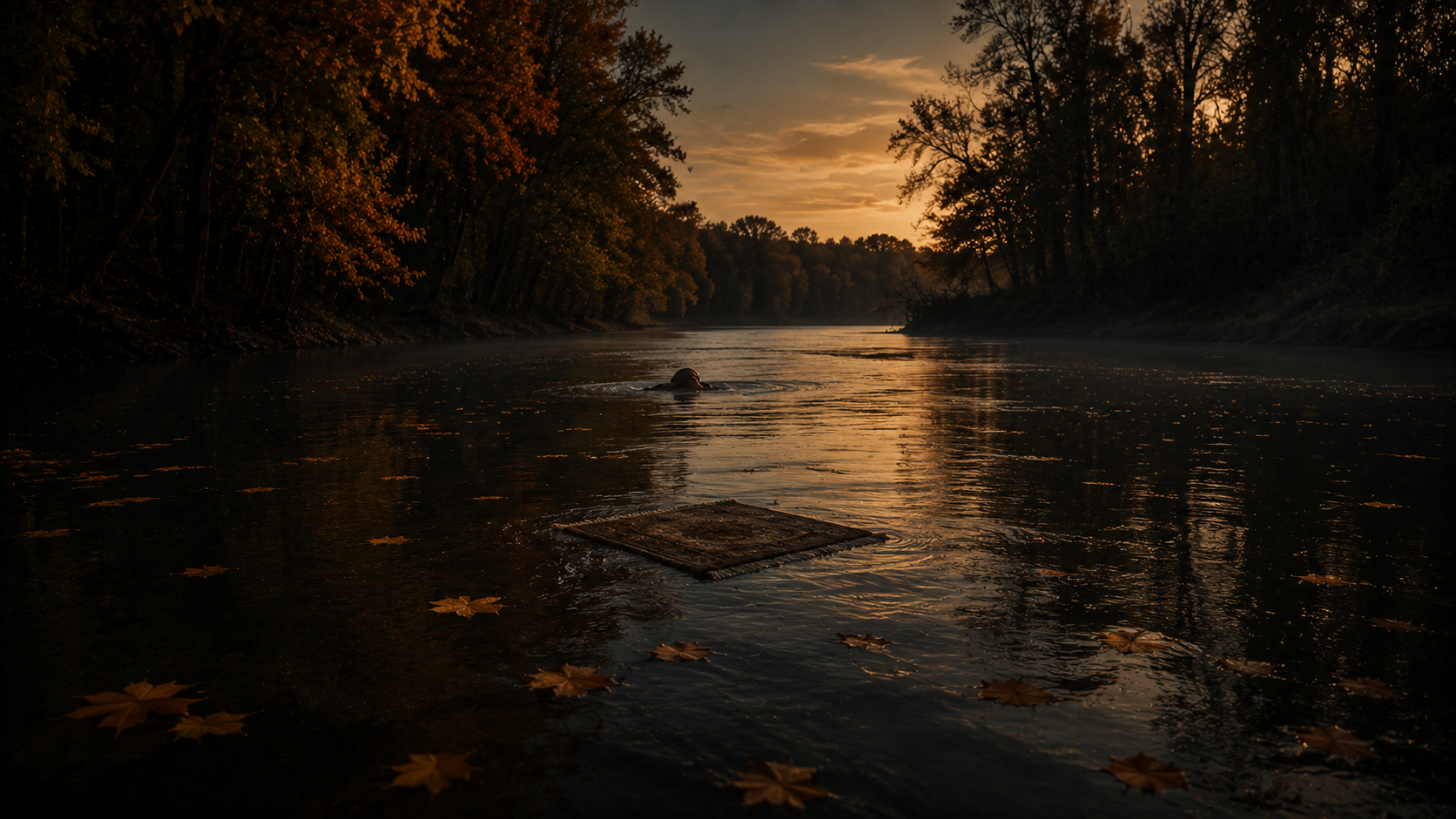 A dark river at dawn foreshadowing the mystery ahead