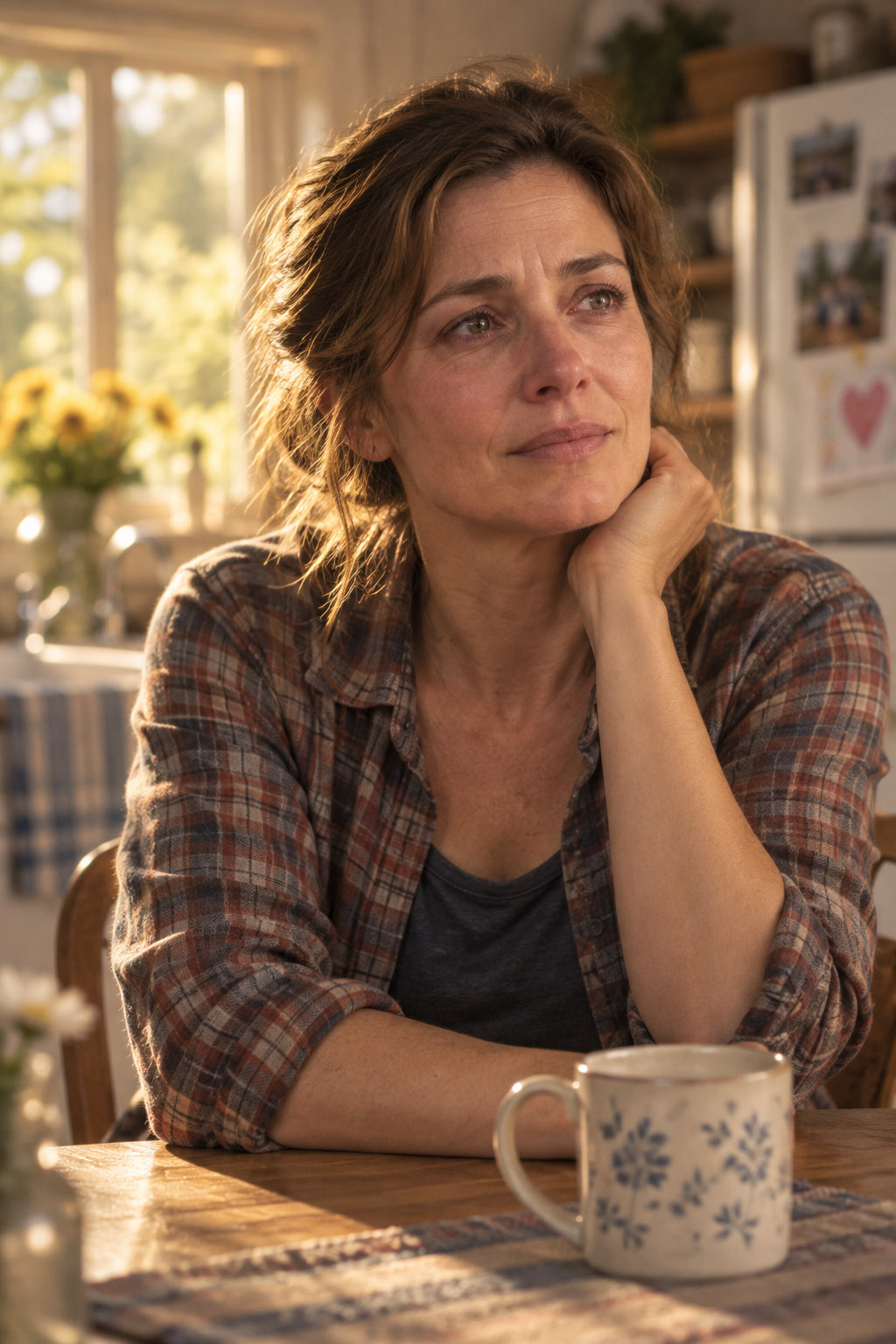 Concept portrait of Amy Turner at a kitchen table in warm window light.