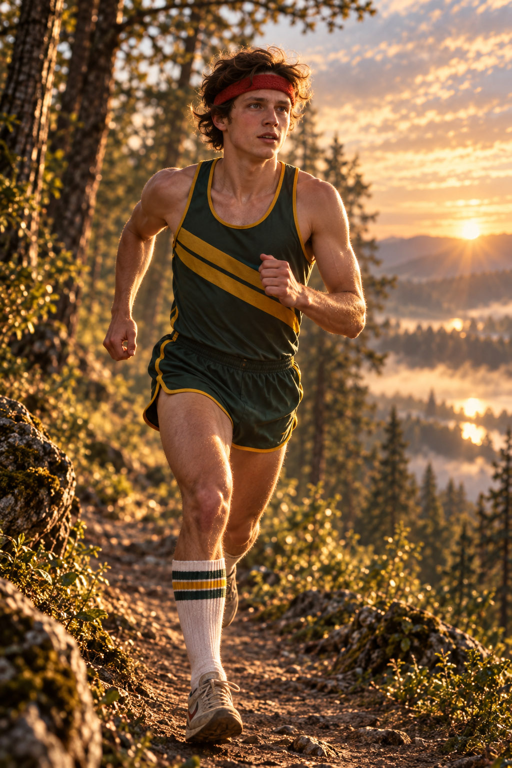 Concept portrait of Jack Scissors in a red headband and green-and-gold retro running clothes.