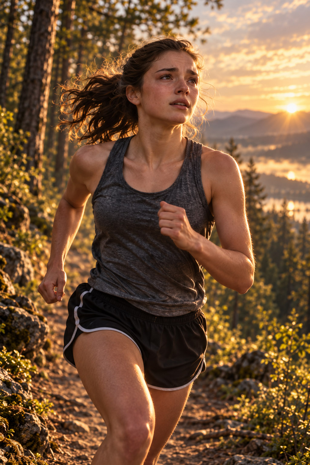Concept portrait of Megan Turner running on a sunlit woodland trail.