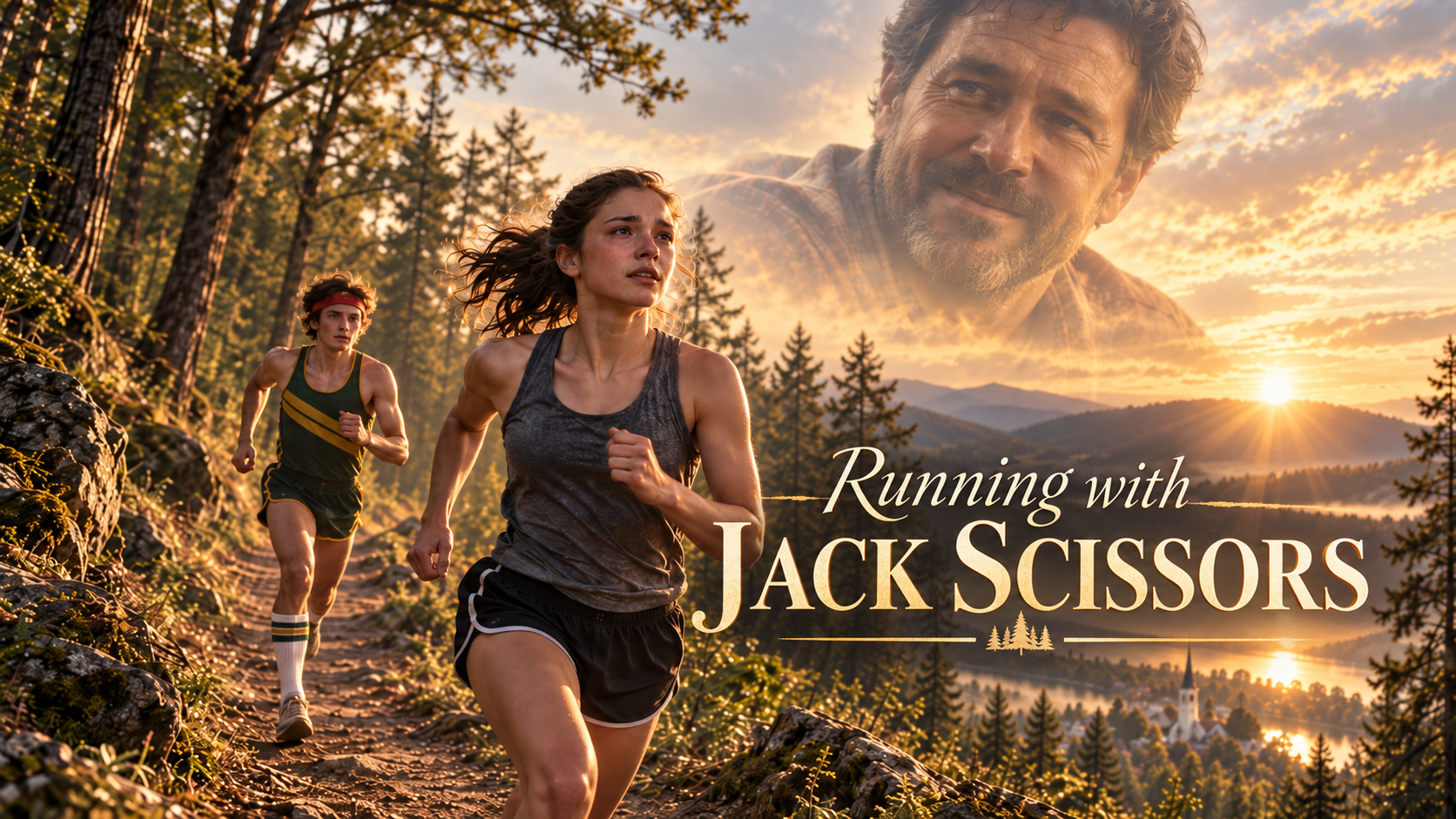 Running with Jack Scissors: Megan and Jack on a sunlit trail, with her father's memory above them.