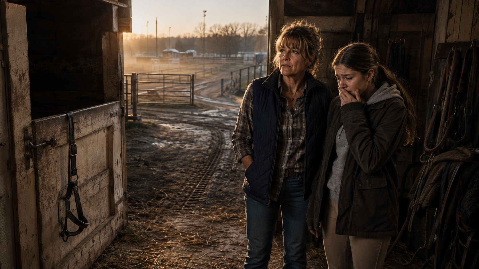 A mother and daughter discovering an empty horse stall at dawn