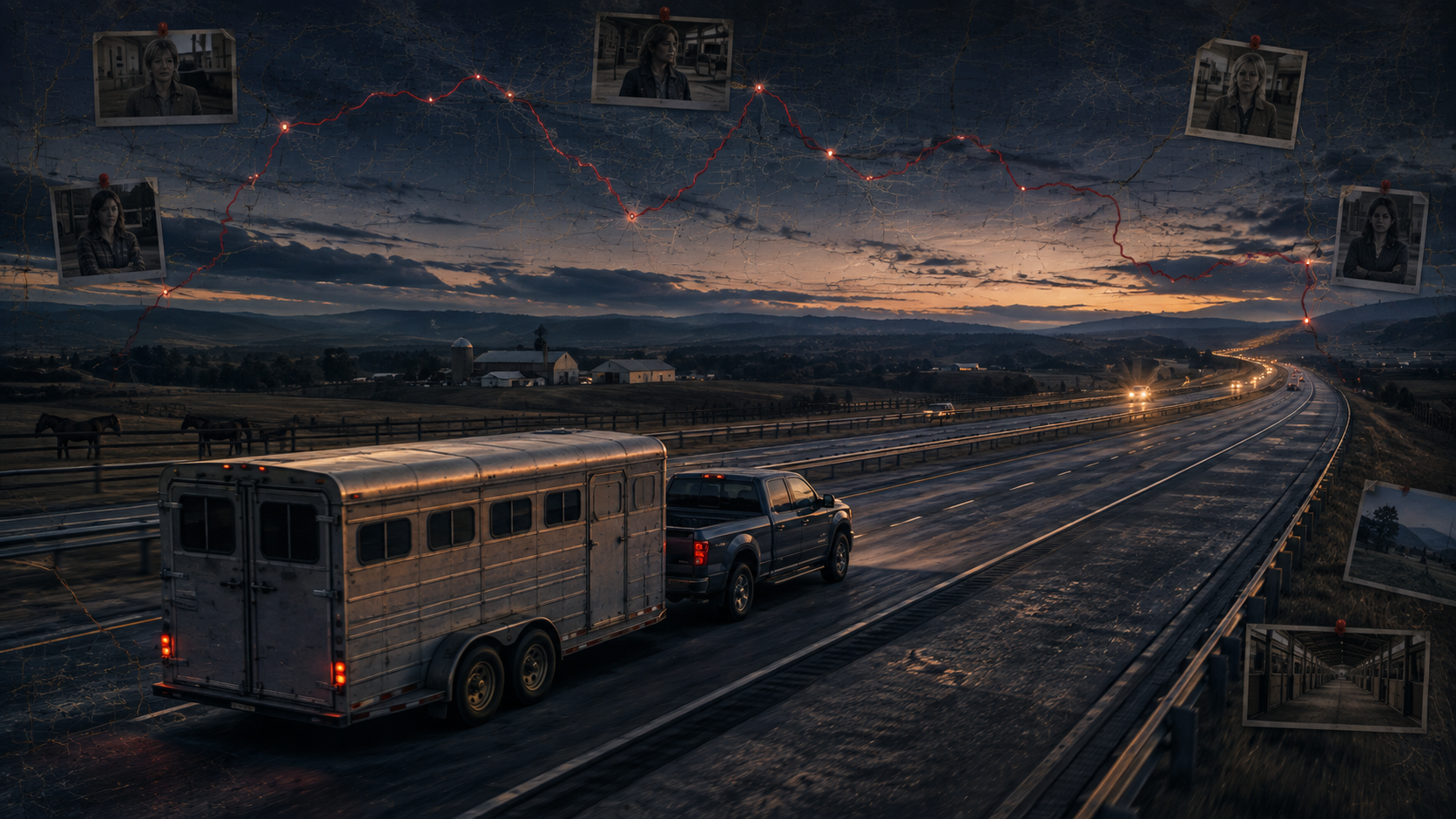 A horse trailer traveling across the country beneath a connected evidence map