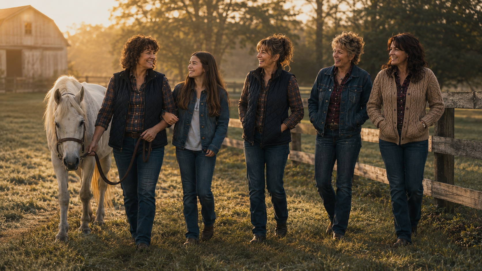 A group of women walking beside a white pony at sunrise