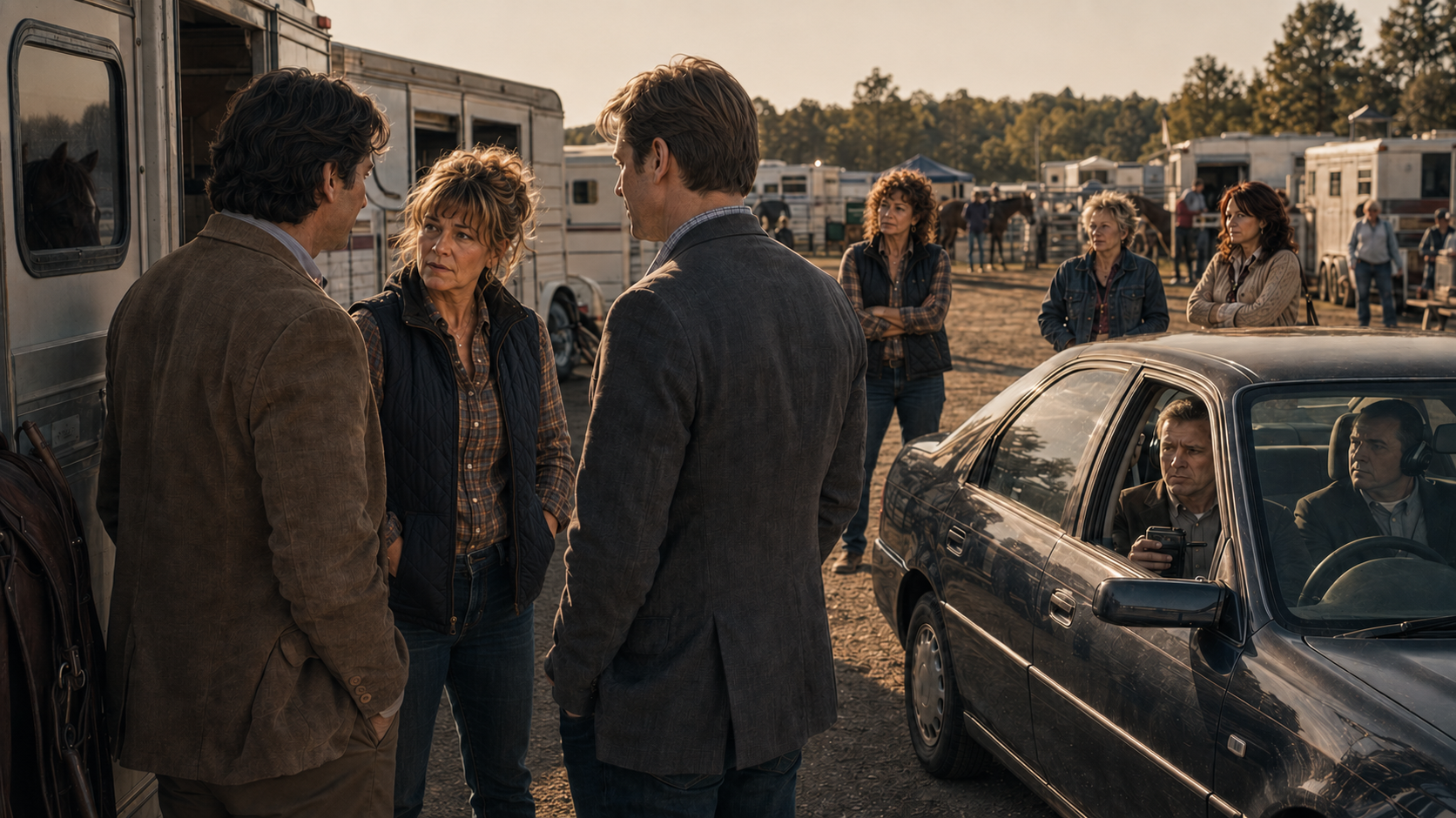 A determined woman meeting two suspects while investigators monitor nearby